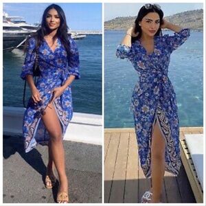 ZARA Blue Red Floral Print Midi Wrap Beautiful Summer Dress Size Small